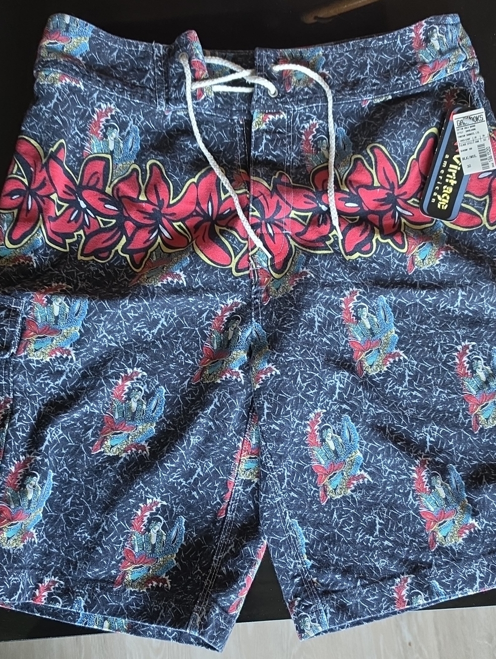 Vintage Floral Drawstring Shorts - Red & Blue